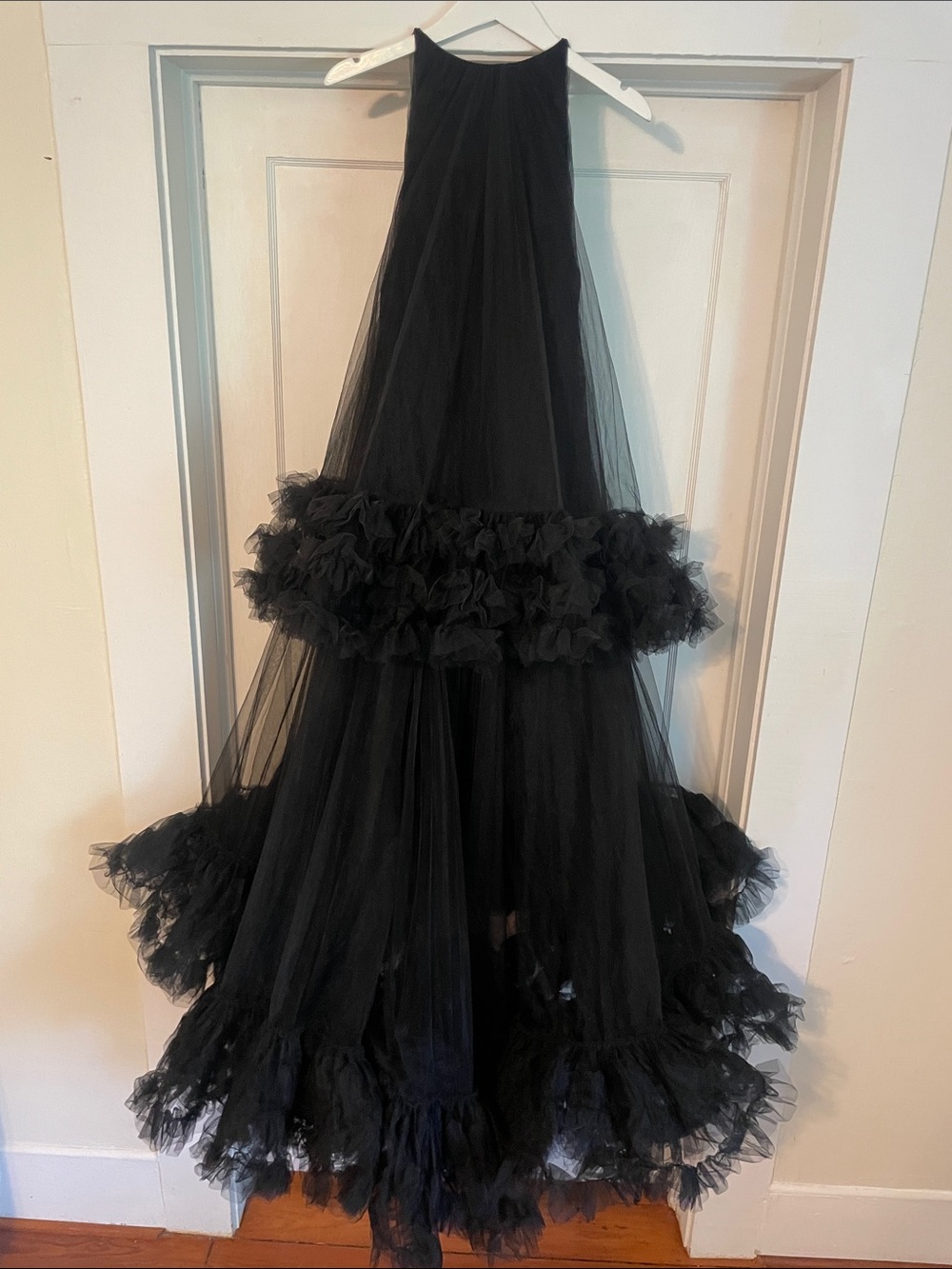 New Mac Duggal Tulle High Neck Sleeveless Ruffled Hem Hi Lo Gown - Picture 5 of 12